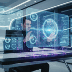 Person using an AI program with glowing prompts and responses on screen, illustrating AI prompting techniques