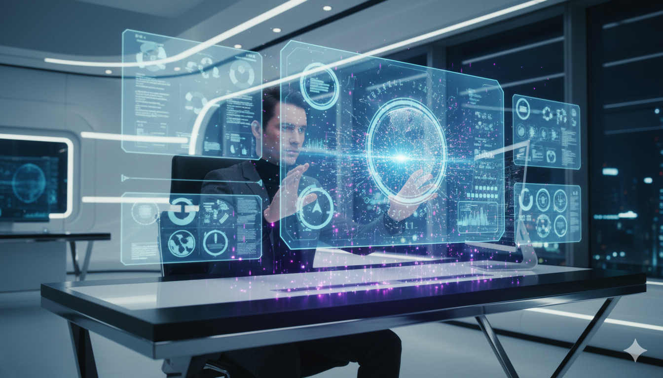 Person using an AI program with glowing prompts and responses on screen, illustrating AI prompting techniques